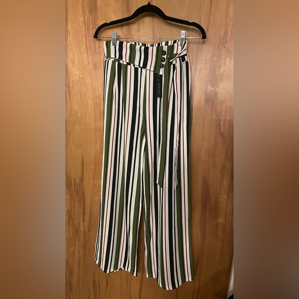 Striped Wide-Leg Pants - Green, Black, White